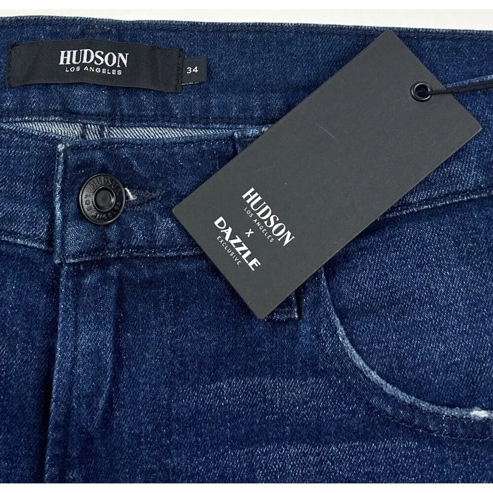 Hudson Zach Skinny Mens 34 Dark Blue Jeans Distressed Stretch Reinforced Knees - Picture 4 of 9